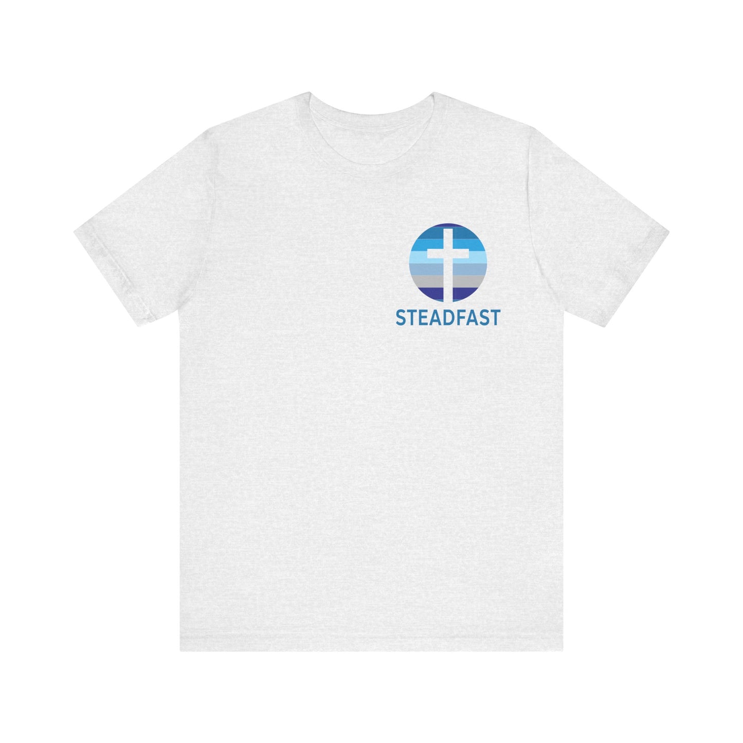 Steadfast Left Chest Blue Logo Unisex Jersey Tee with Isaiah 26:3 Verse