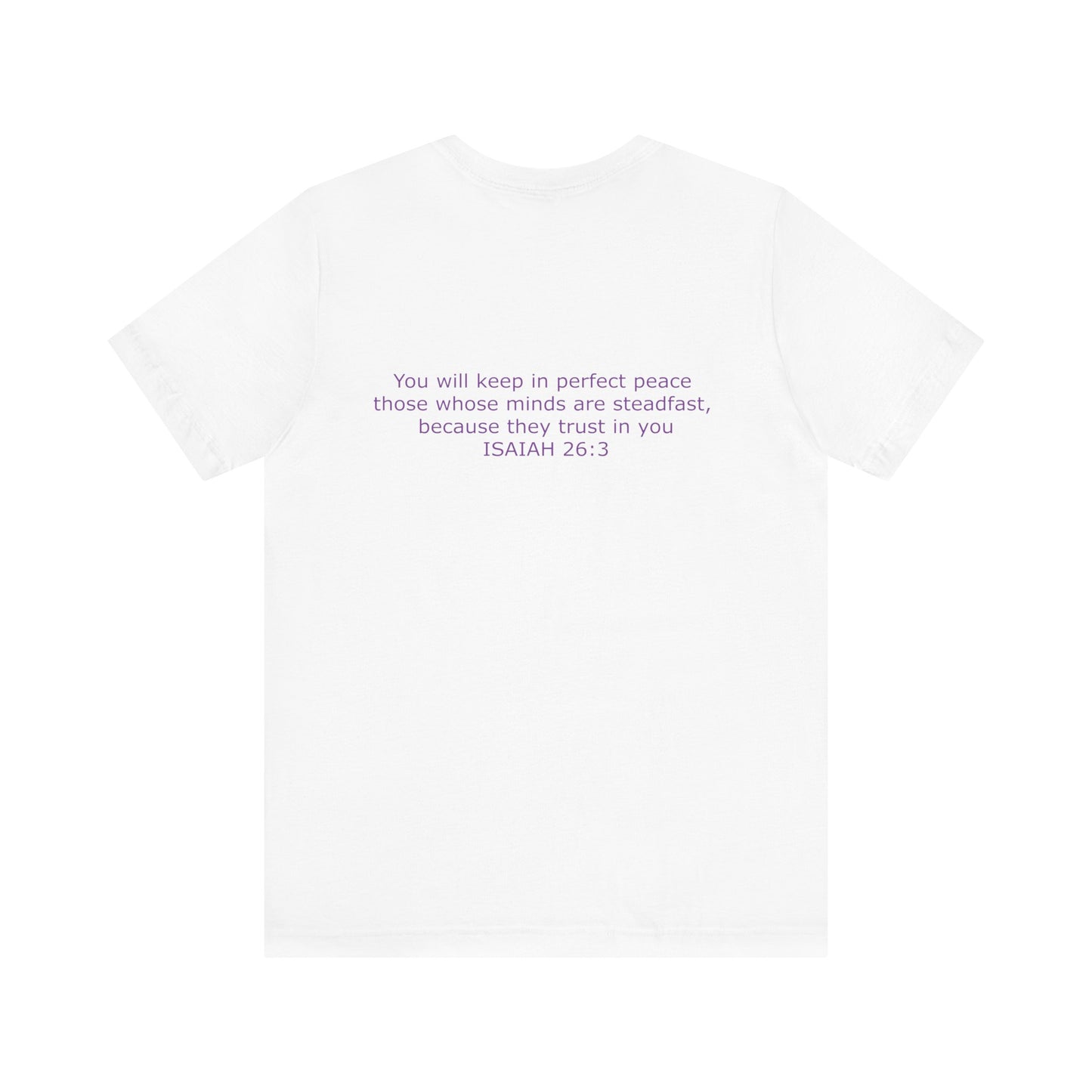 Steadfast Unisex Jersey Tee with Isaiah 26:3 Verse - Purple Logo