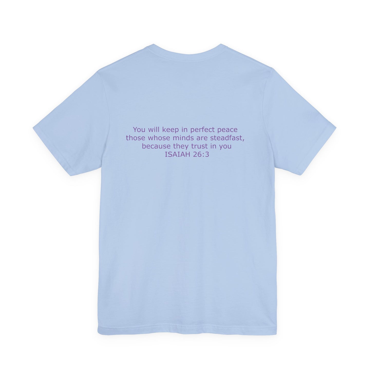 Steadfast Unisex Jersey Tee with Isaiah 26:3 Verse - Purple Logo