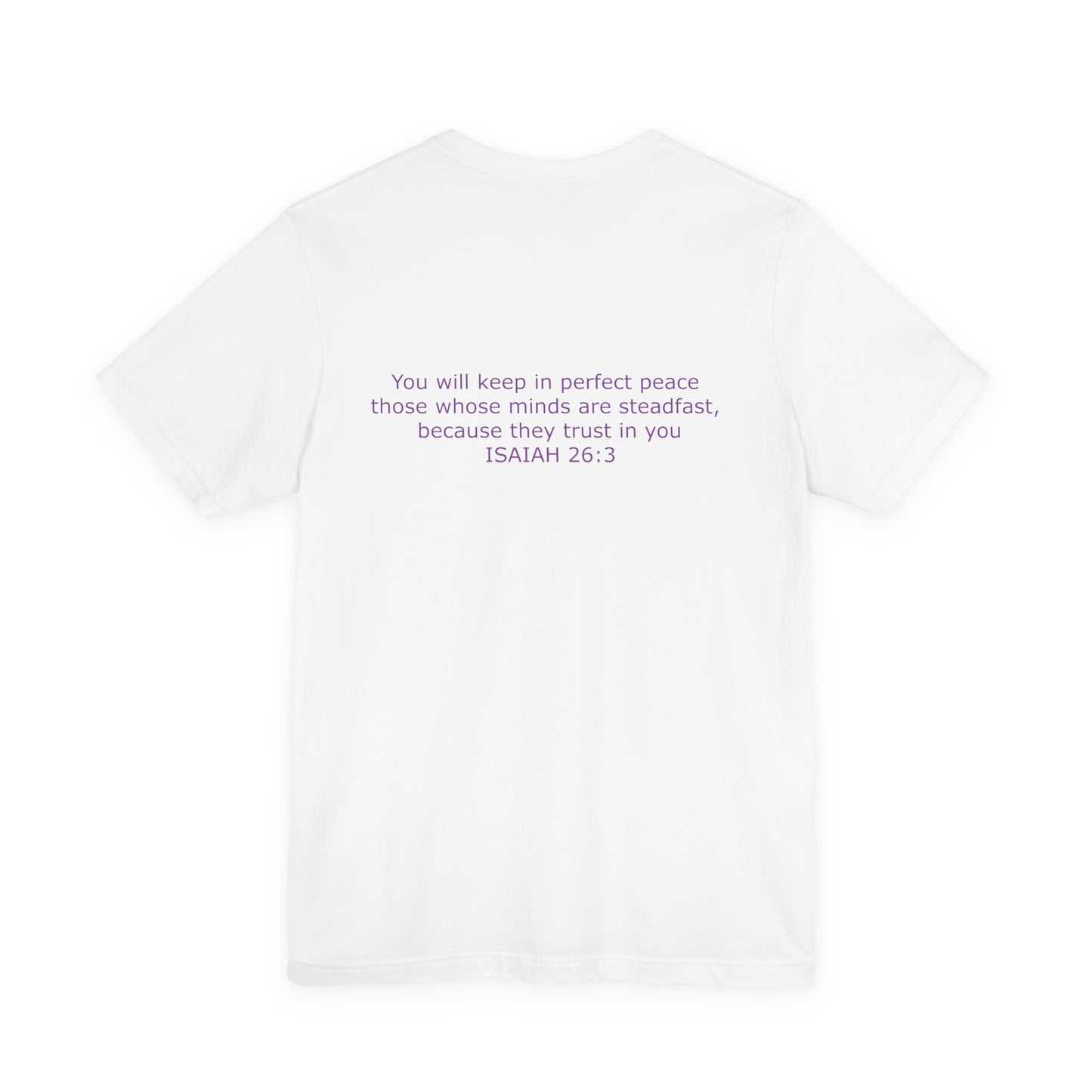 Steadfast Left Chest Purple Logo Unisex Jersey Tee with Isaiah 26:3 Verse