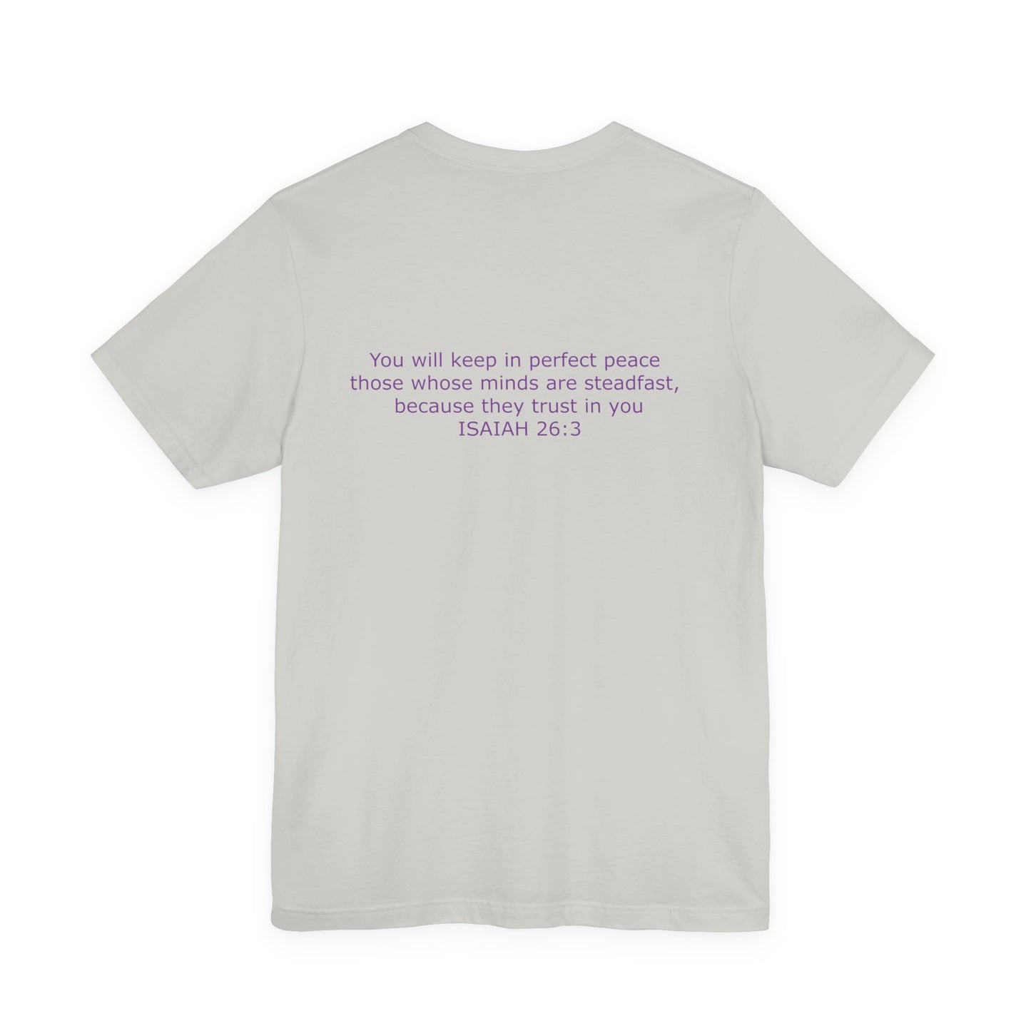 Steadfast Unisex Jersey Tee with Isaiah 26:3 Verse - Purple Logo