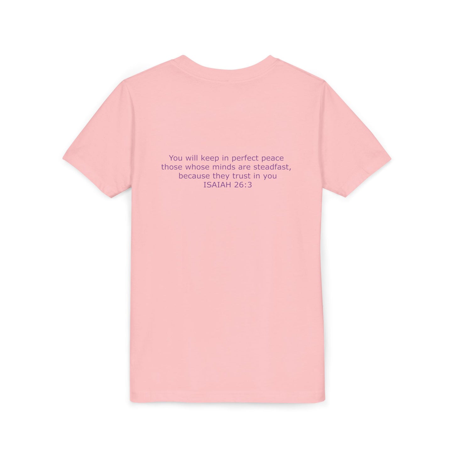 Kid's Steadfast Unisex Jersey Tee with Isaiah 26:3 Verse - Purple Logo