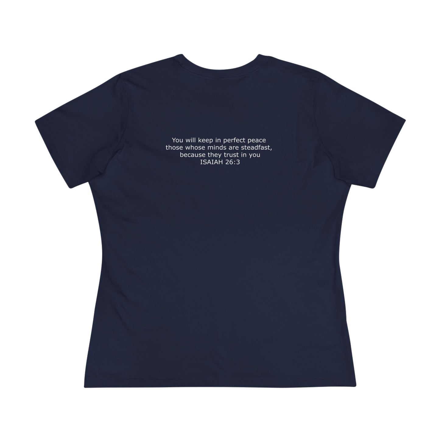 Women's Steadfast Jersey Tee with Isaiah 26:3 Verse - White Logo