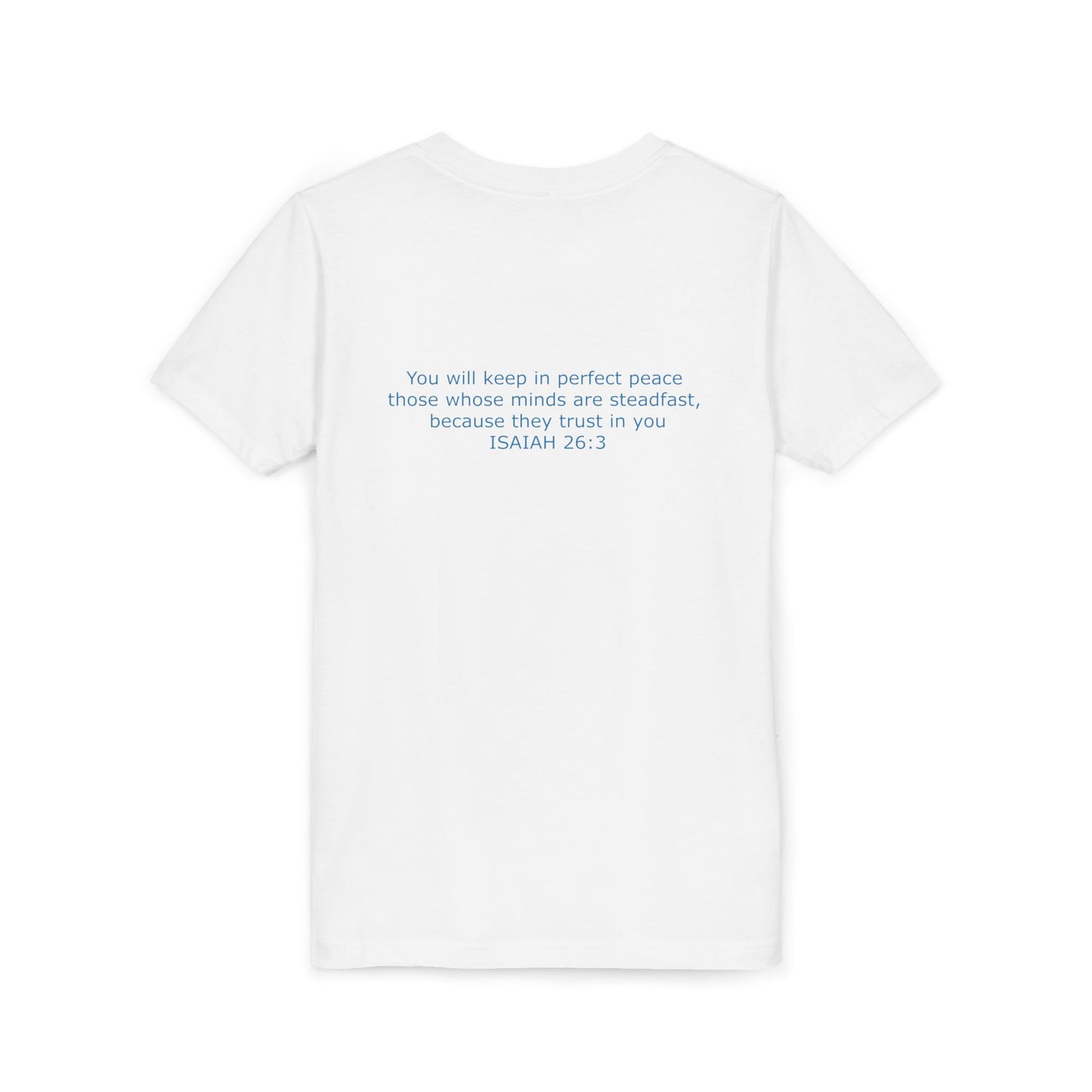 Kid's Steadfast Unisex Jersey Tee with Isaiah 26:3 Verse - Blue Logo