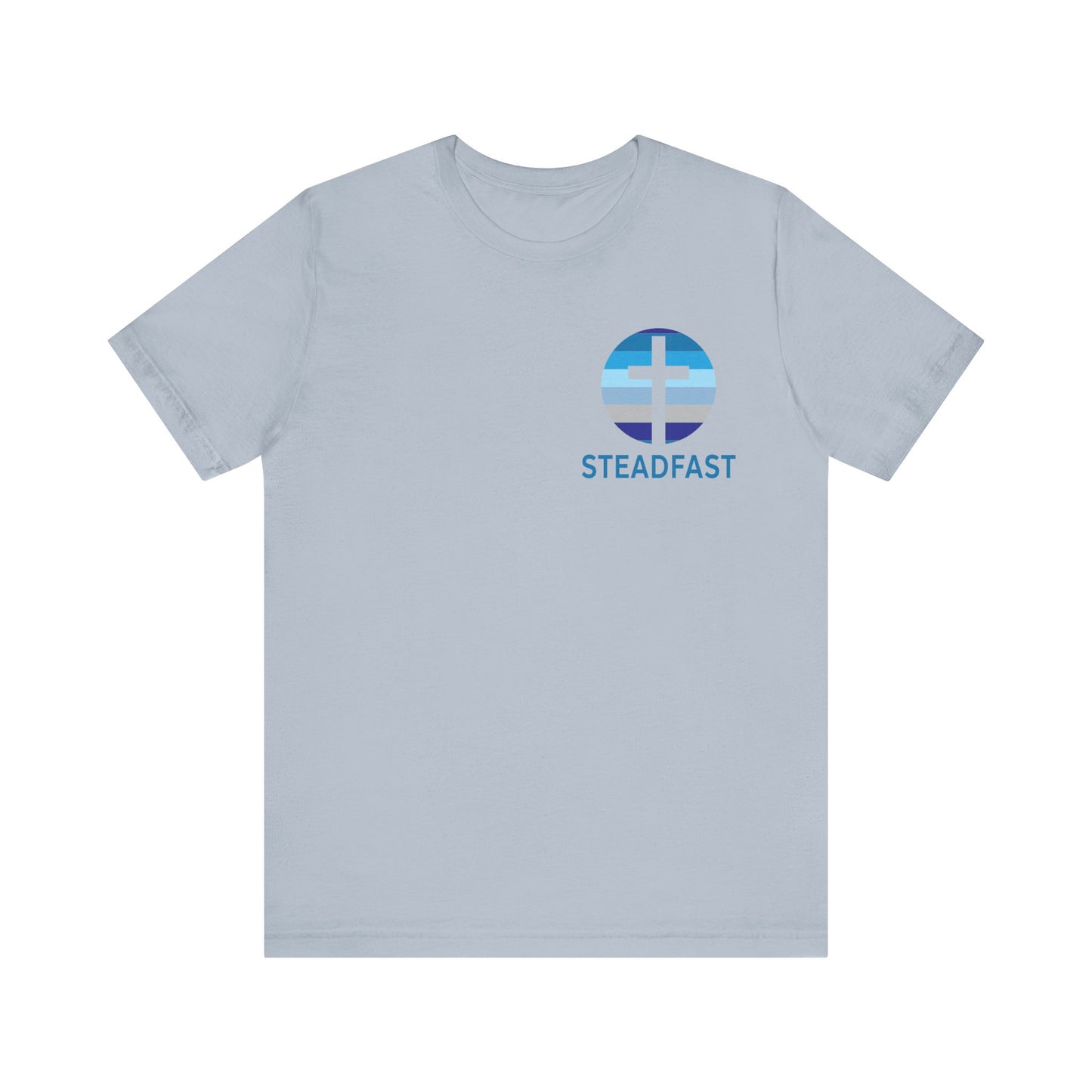 Steadfast Left Chest Blue Logo Unisex Jersey Tee with Isaiah 26:3 Verse