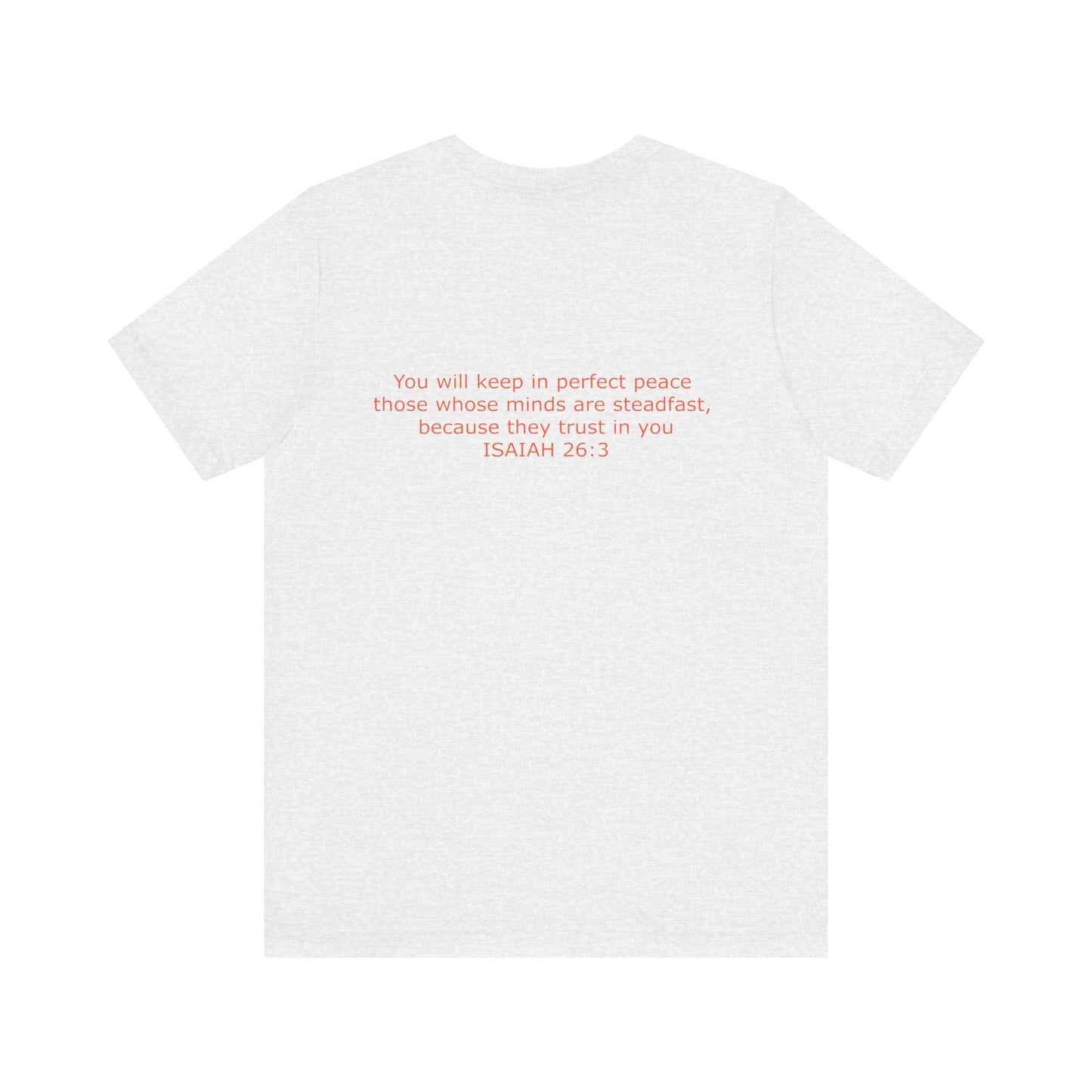 Steadfast Left Chest Red Logo Unisex Jersey Tee with Isaiah 26:3 Verse