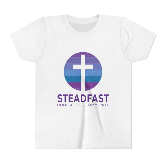 Kid's Steadfast Unisex Jersey Tee with Isaiah 26:3 Verse - Purple Logo