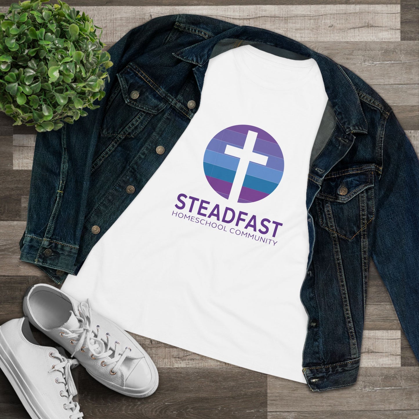 Women's Steadfast Unisex Jersey Tee with Isaiah 26:3 Verse - Purple Logo
