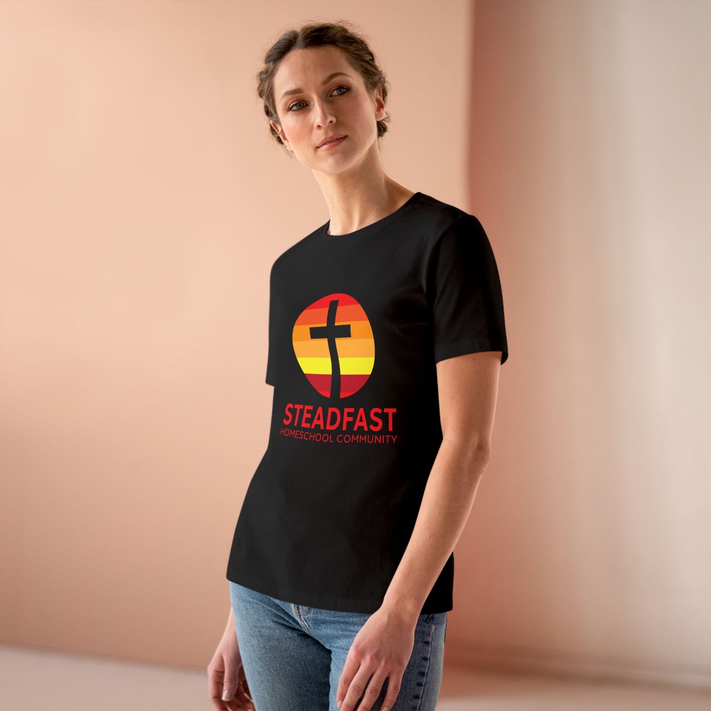 Women's Steadfast Jersey Tee with Isaiah 26:3 Verse - Red Logo