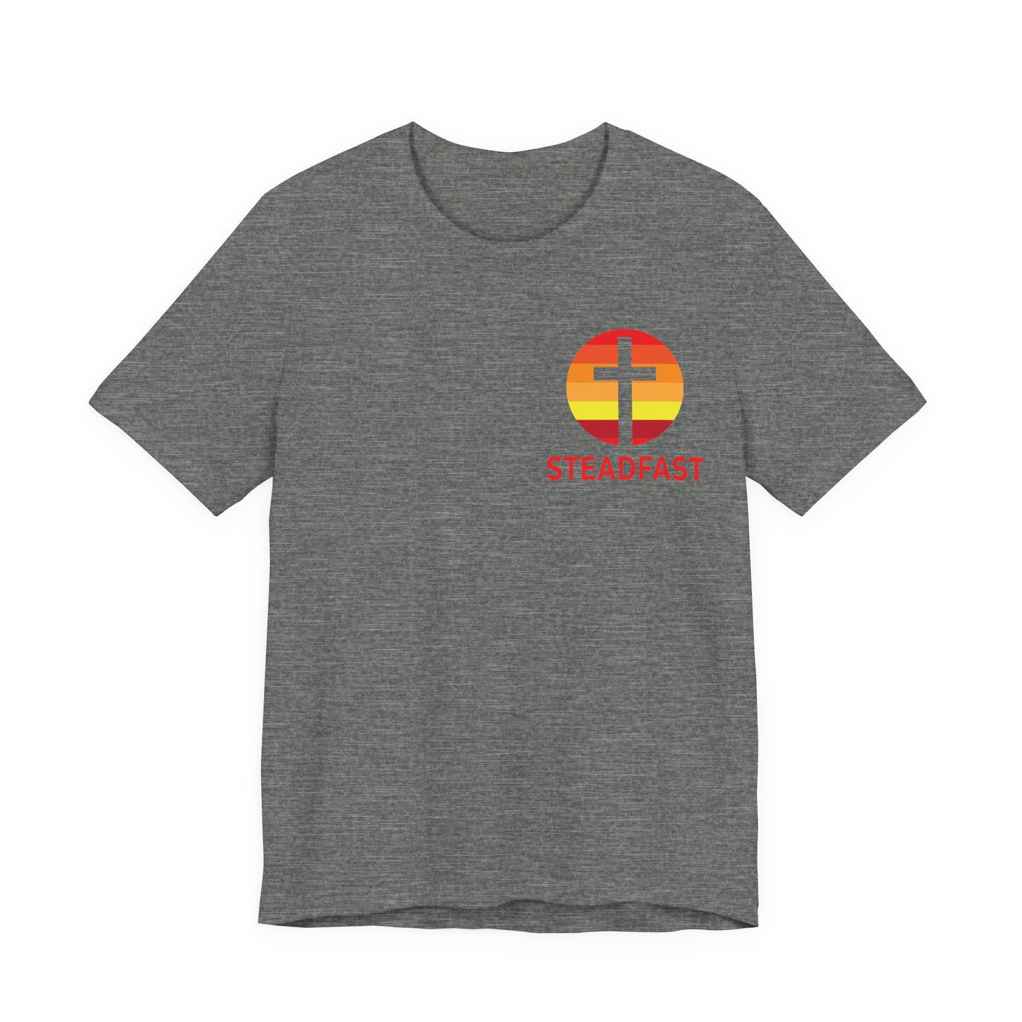 Steadfast Left Chest Red Logo Unisex Jersey Tee with Isaiah 26:3 Verse