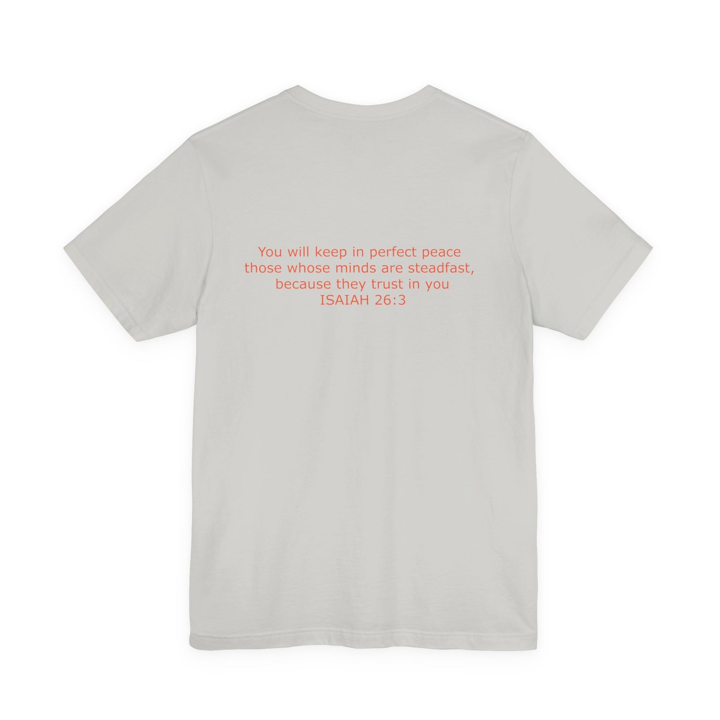 Steadfast Left Chest Red Logo Unisex Jersey Tee with Isaiah 26:3 Verse