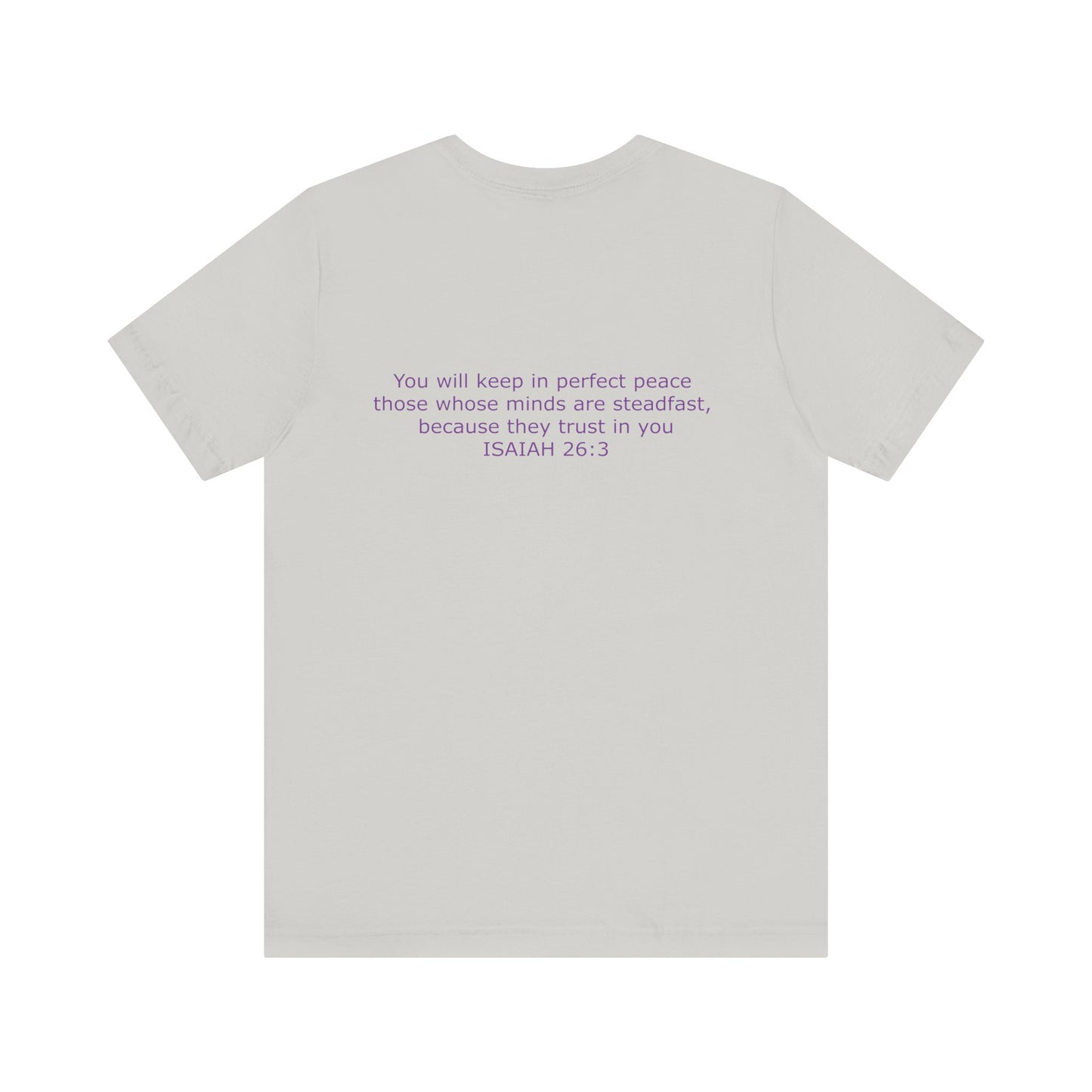 Steadfast Unisex Jersey Tee with Isaiah 26:3 Verse - Purple Logo