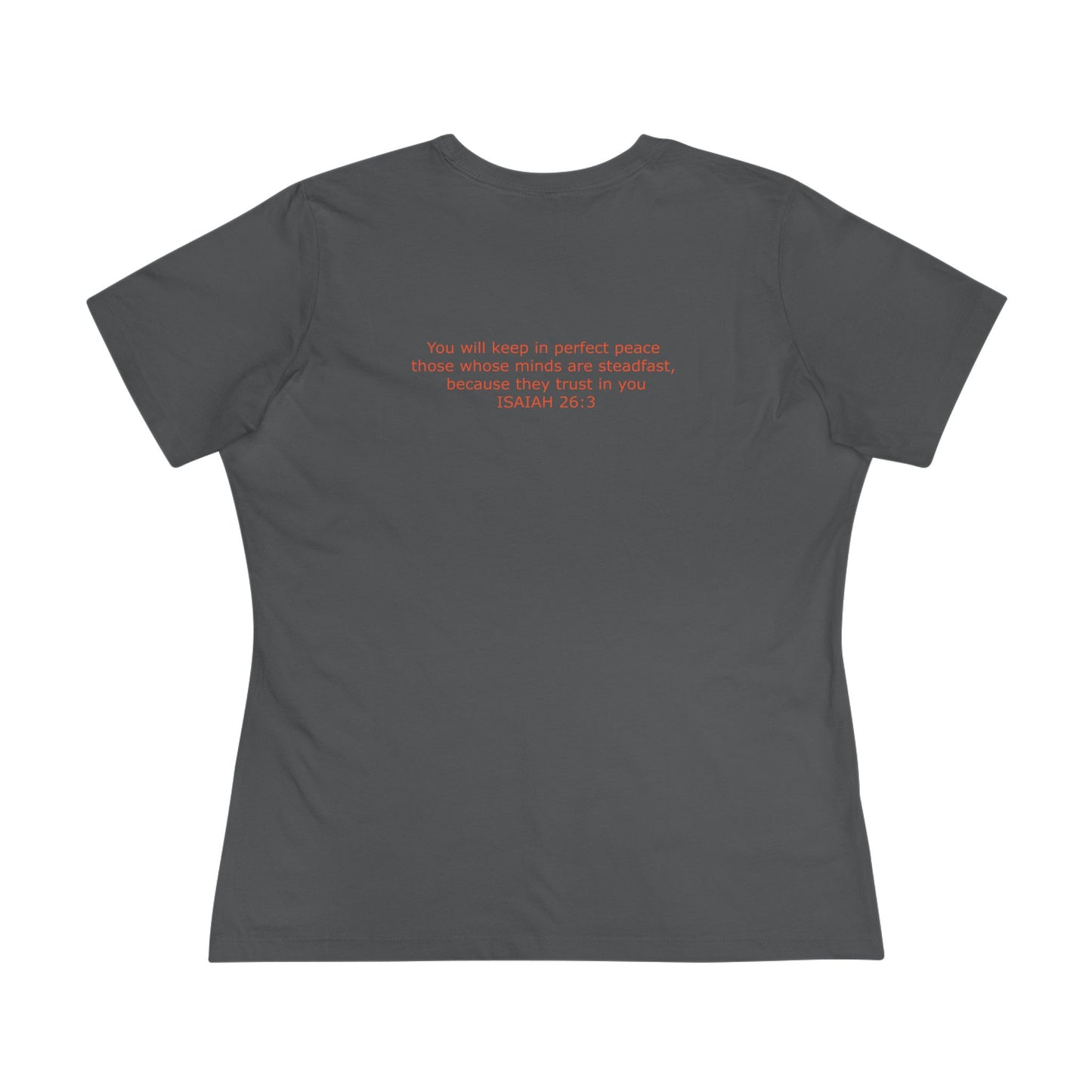 Women's Steadfast Jersey Tee with Isaiah 26:3 Verse - Red Logo