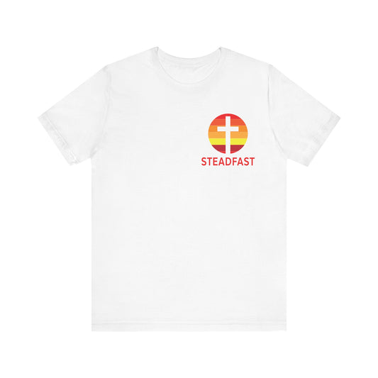 Steadfast Left Chest Red Logo Unisex Jersey Tee with Isaiah 26:3 Verse