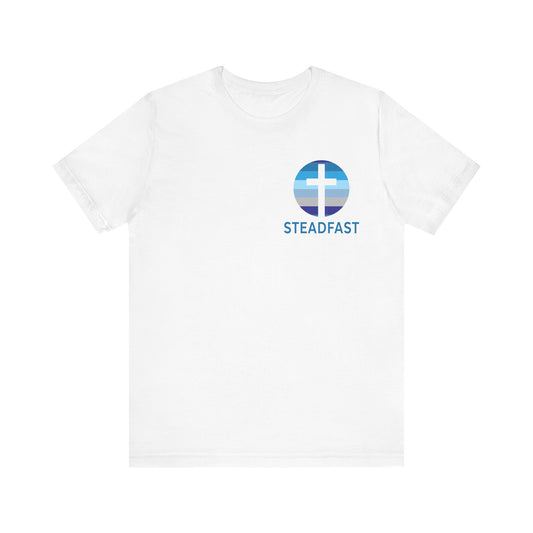 Steadfast Left Chest Blue Logo Unisex Jersey Tee with Isaiah 26:3 Verse
