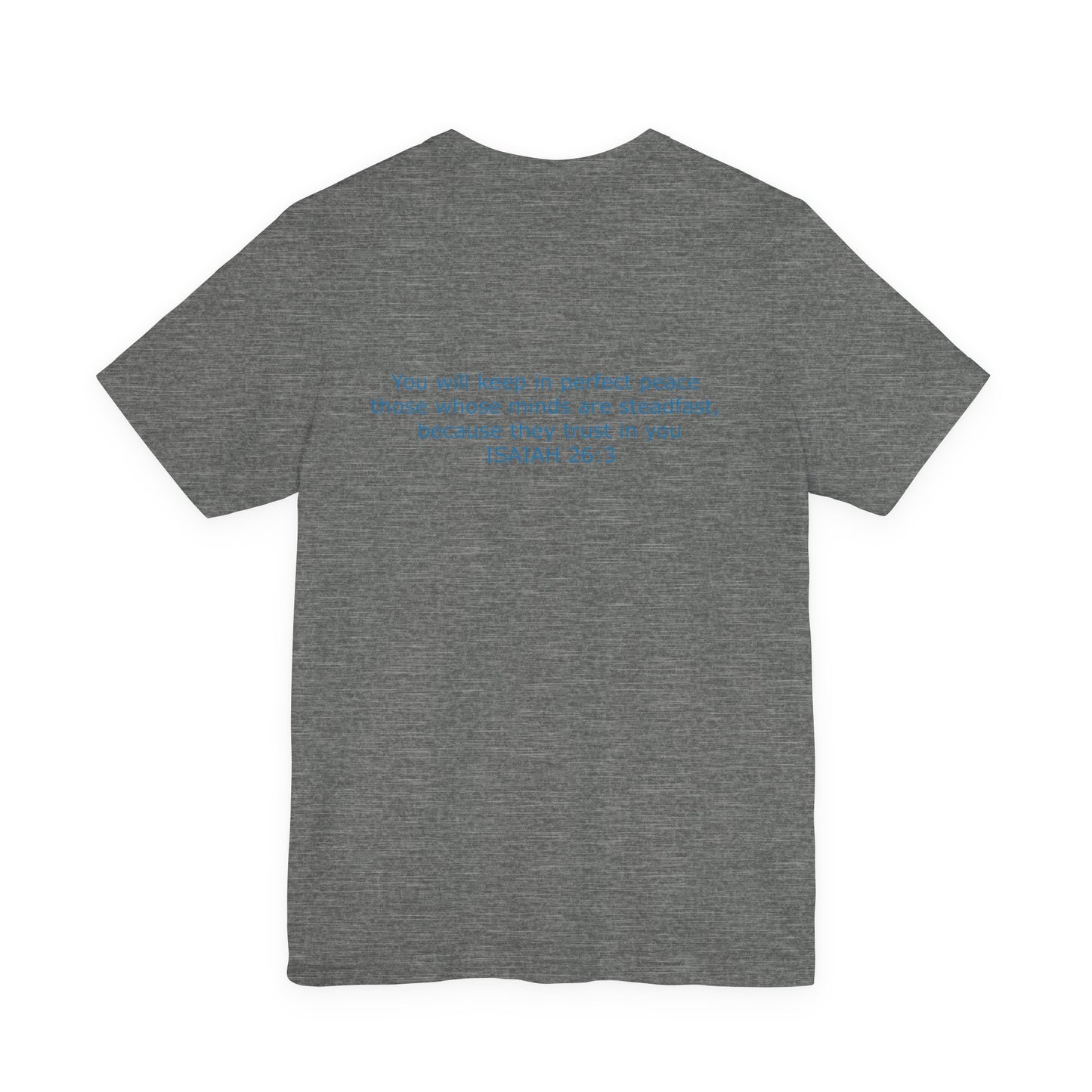 Steadfast Left Chest Blue Logo Unisex Jersey Tee with Isaiah 26:3 Verse