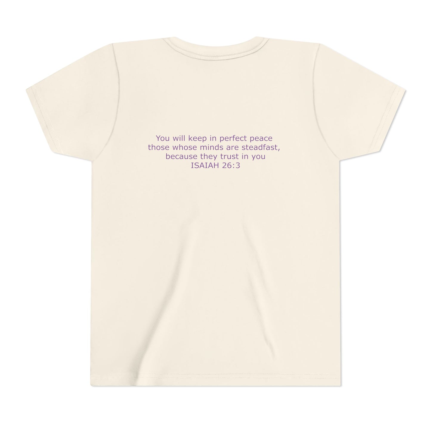 Kid's Steadfast Unisex Jersey Tee with Isaiah 26:3 Verse - Purple Logo