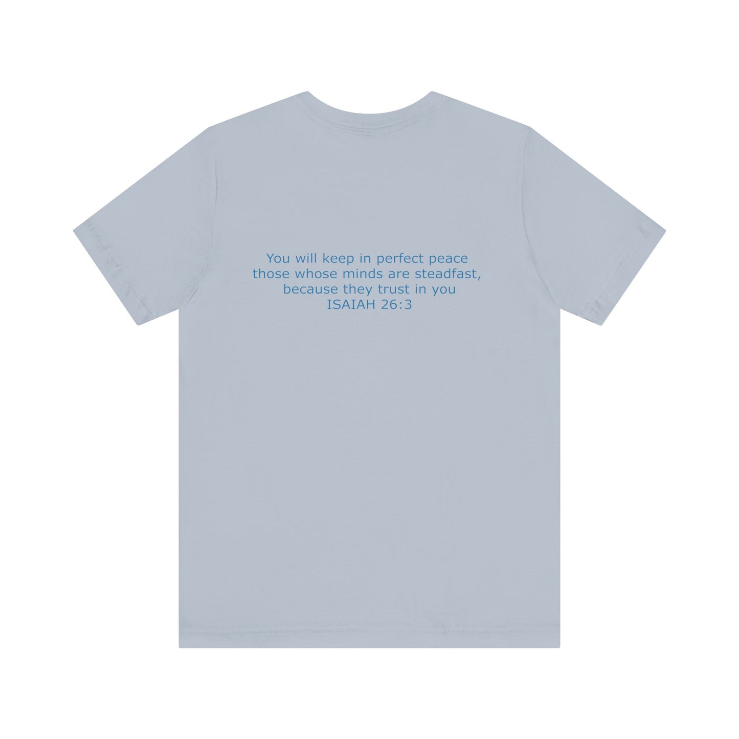 Steadfast Left Chest Blue Logo Unisex Jersey Tee with Isaiah 26:3 Verse