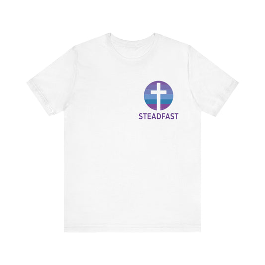 Steadfast Left Chest Purple Logo Unisex Jersey Tee with Isaiah 26:3 Verse