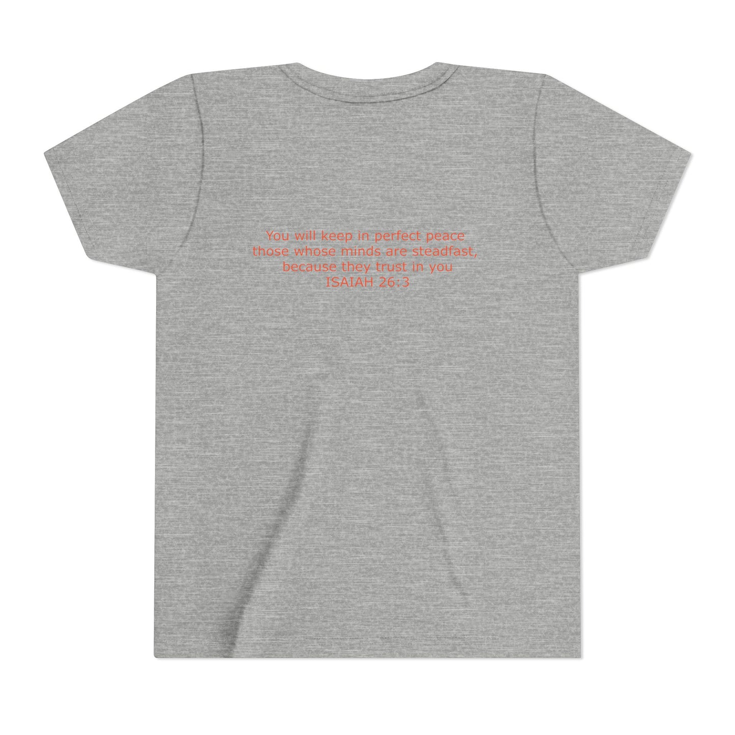 Kid's Steadfast Unisex Jersey Tee with Isaiah 26:3 Verse - Red Logo