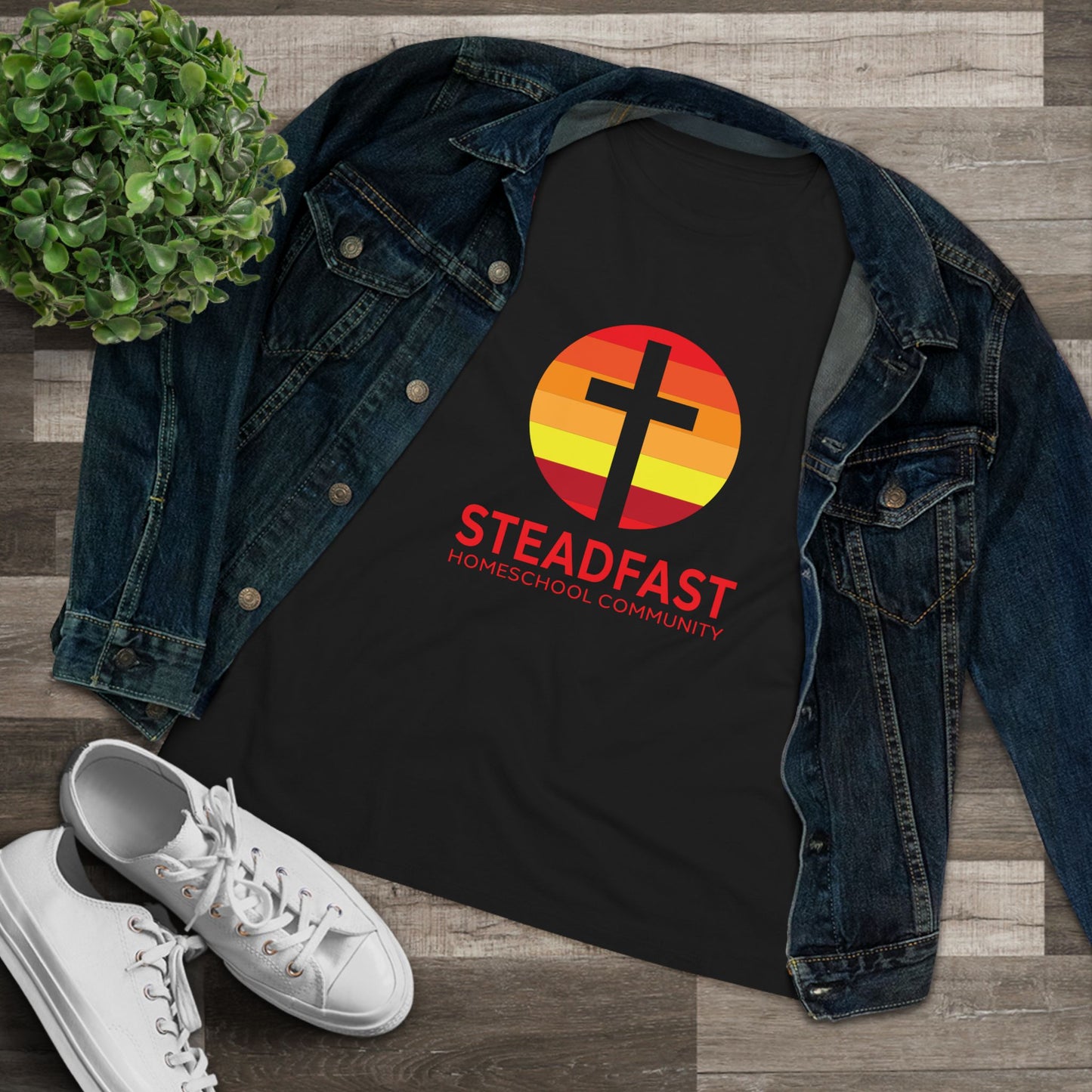 Women's Steadfast Jersey Tee with Isaiah 26:3 Verse - Red Logo