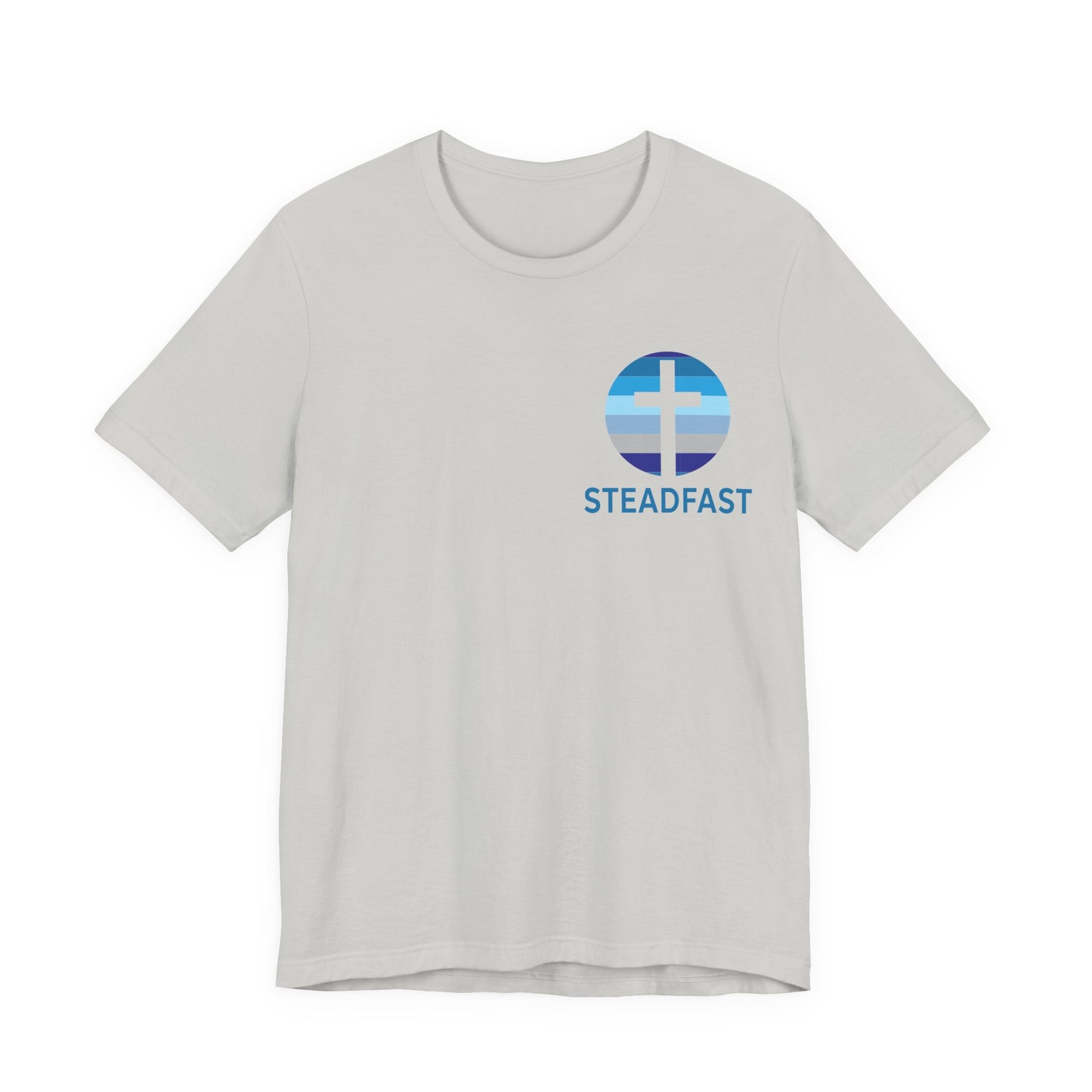 Steadfast Left Chest Blue Logo Unisex Jersey Tee with Isaiah 26:3 Verse