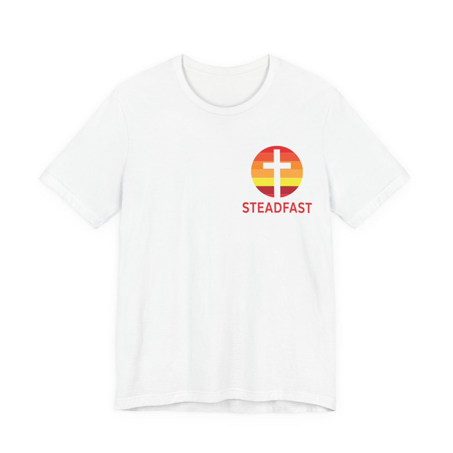 Steadfast Left Chest Red Logo Unisex Jersey Tee with Isaiah 26:3 Verse