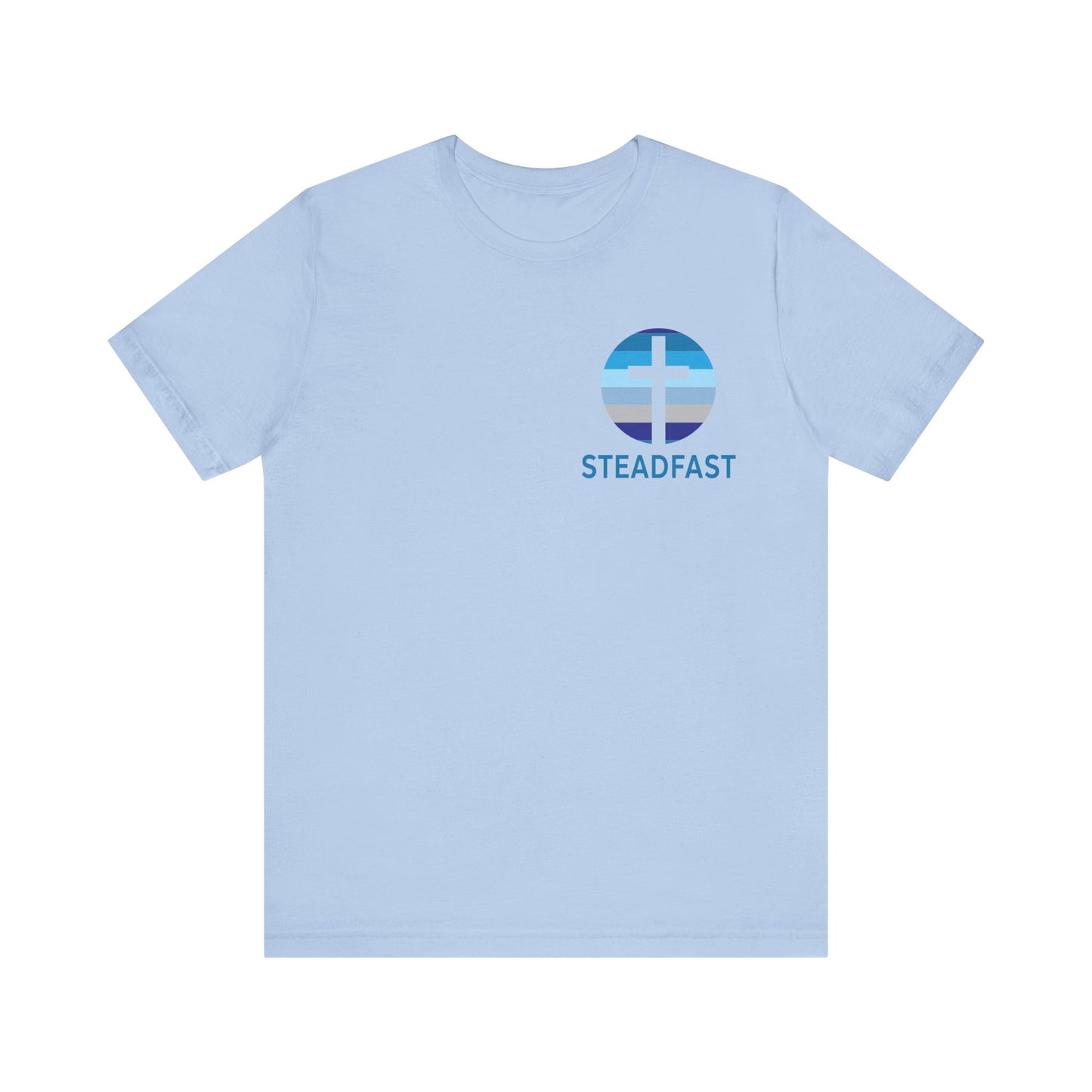 Steadfast Left Chest Blue Logo Unisex Jersey Tee with Isaiah 26:3 Verse