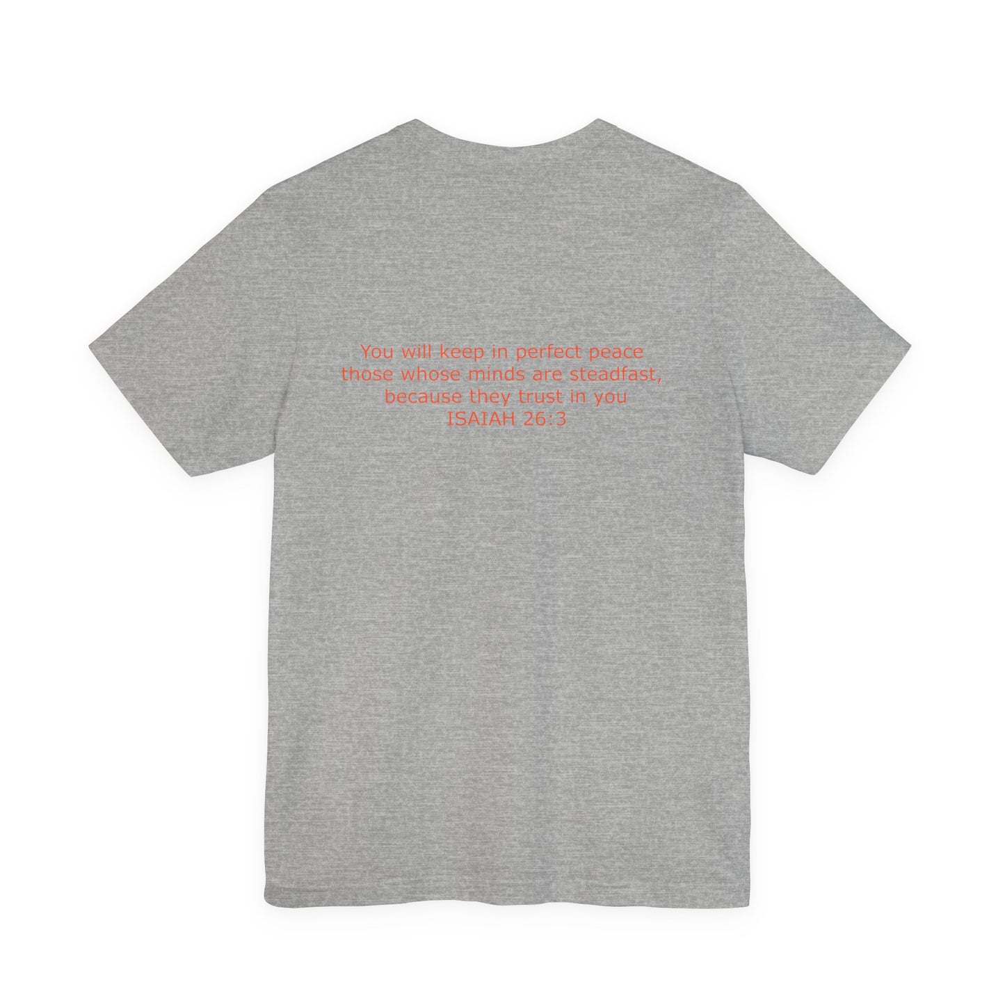 Steadfast Left Chest Red Logo Unisex Jersey Tee with Isaiah 26:3 Verse