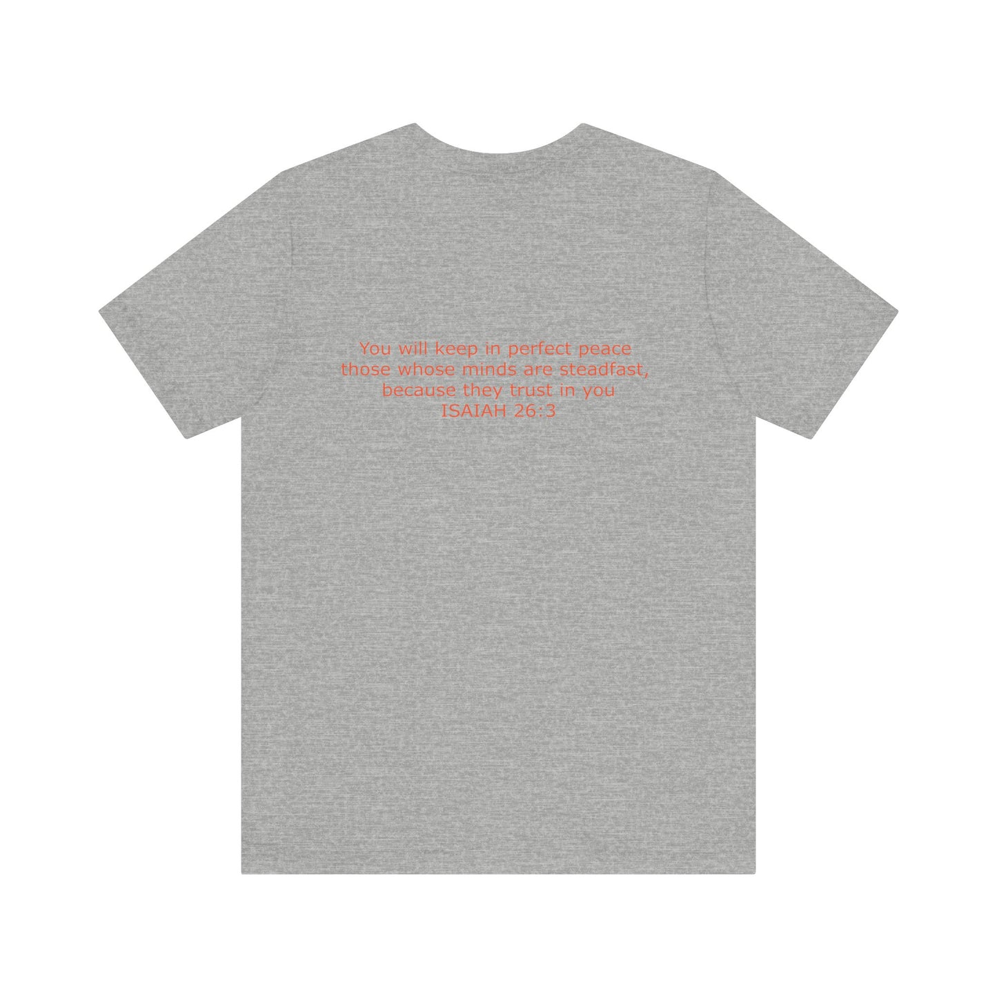 Steadfast Left Chest Red Logo Unisex Jersey Tee with Isaiah 26:3 Verse