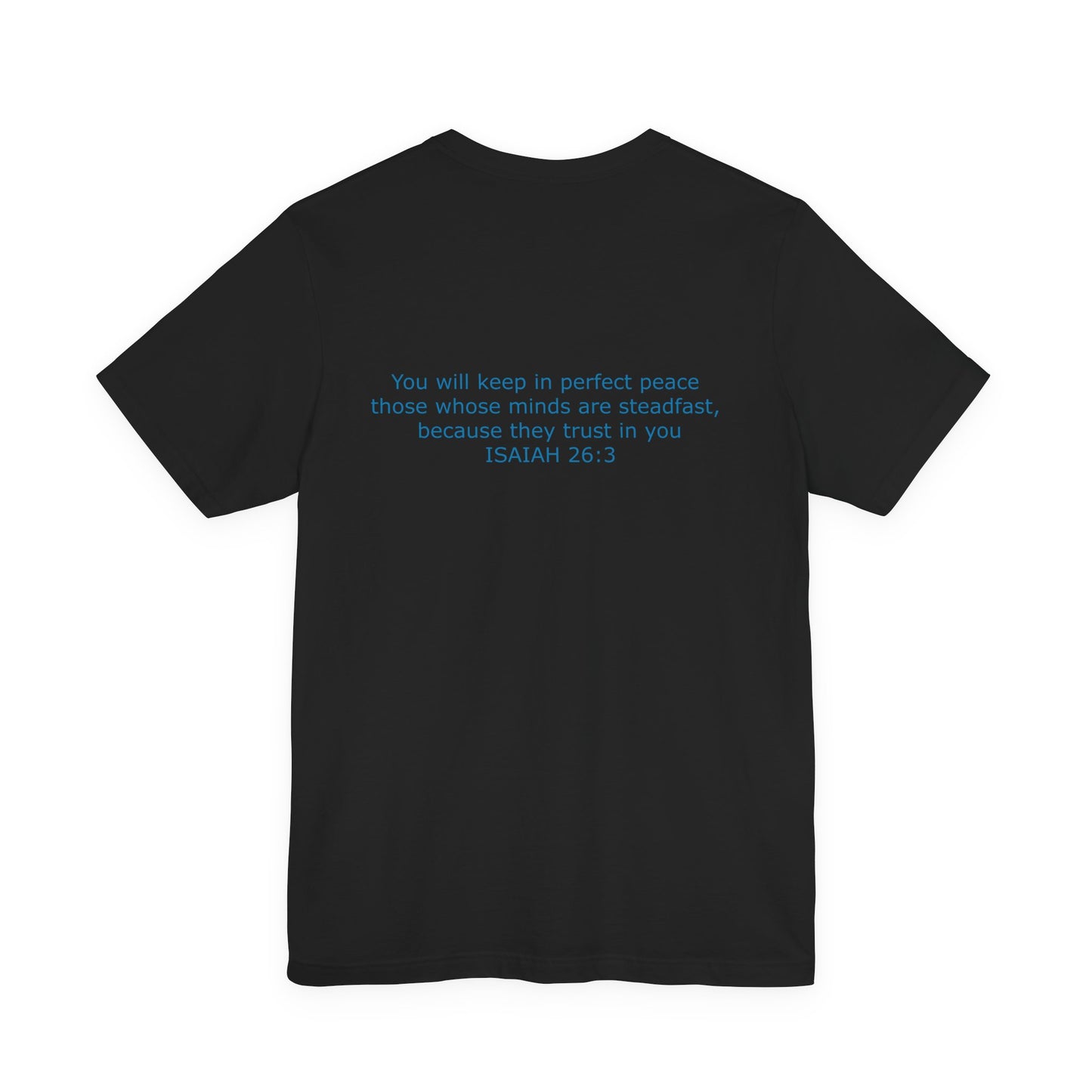Steadfast Left Chest Blue Logo Unisex Jersey Tee with Isaiah 26:3 Verse