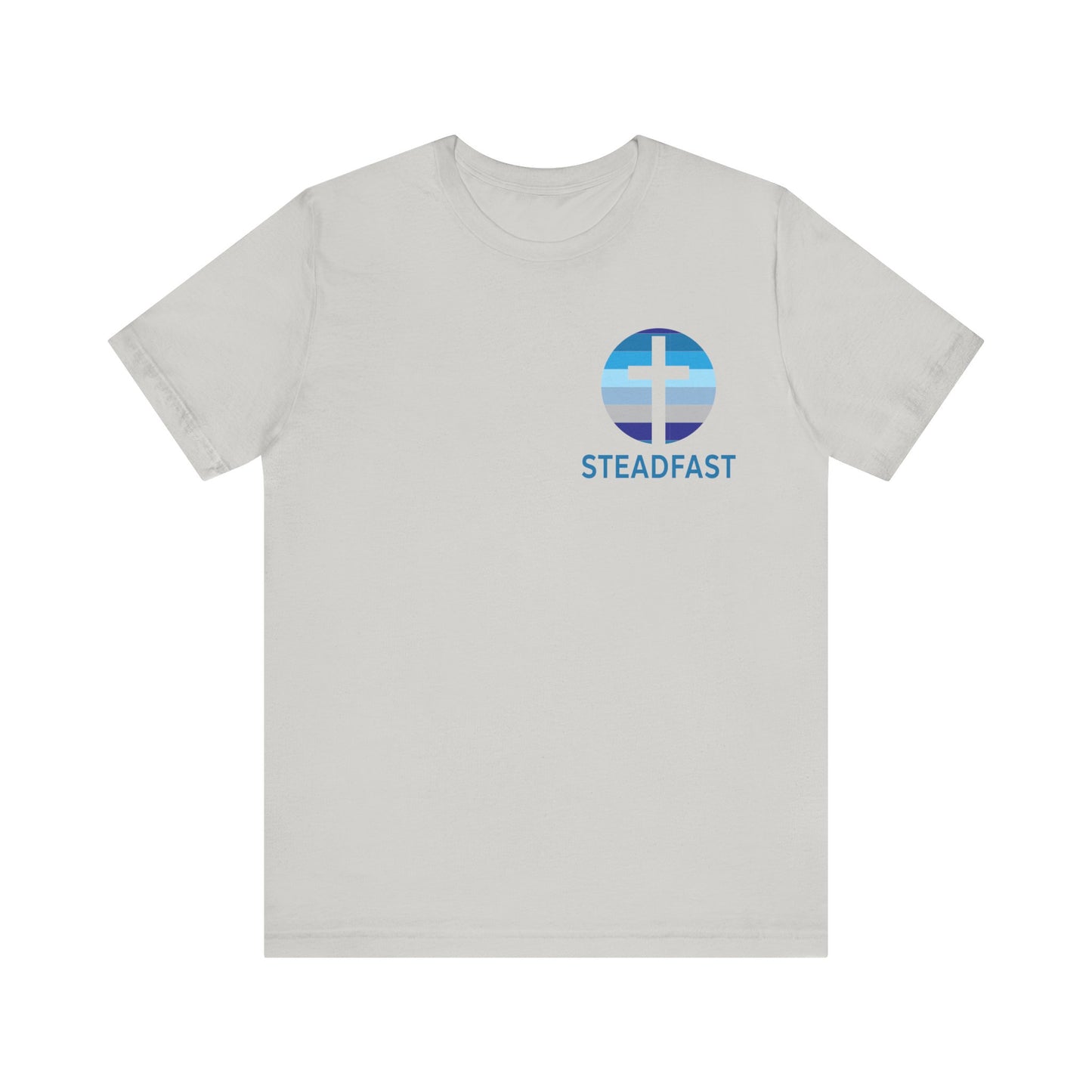 Steadfast Left Chest Blue Logo Unisex Jersey Tee with Isaiah 26:3 Verse