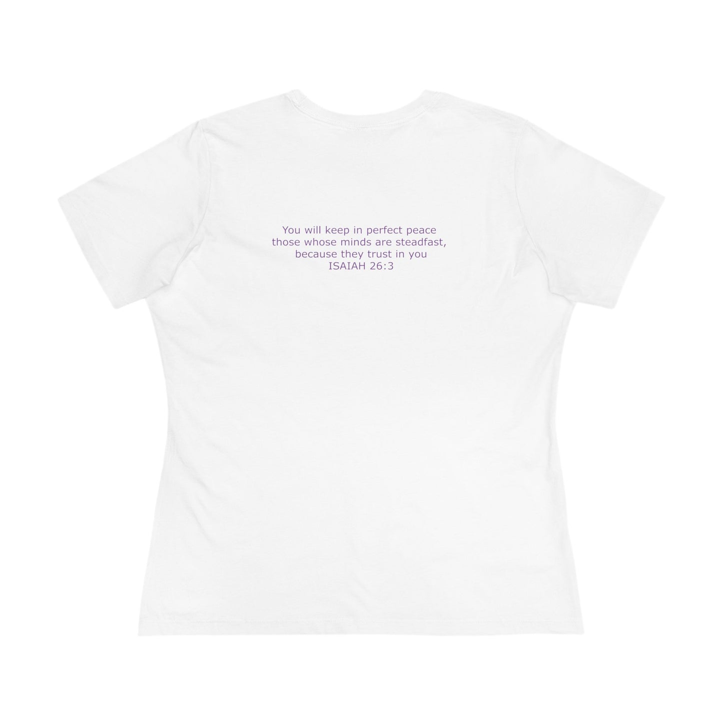 Women's Steadfast Unisex Jersey Tee with Isaiah 26:3 Verse - Purple Logo